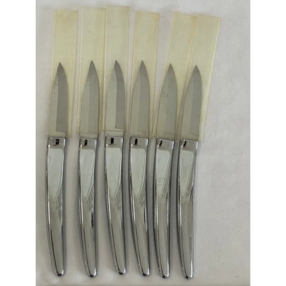 Vintage Carvel Hall Steak Knife Set 6pc Mid Century Modern Chrome with Sharpener